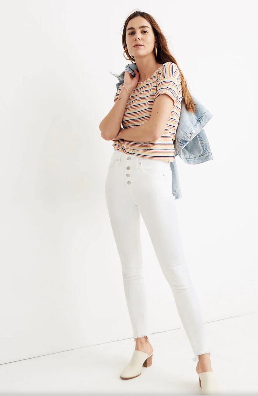 Madewell 10" High Rise Skinny Jeans in Pure White Raw Hem Button Fly Size 31
